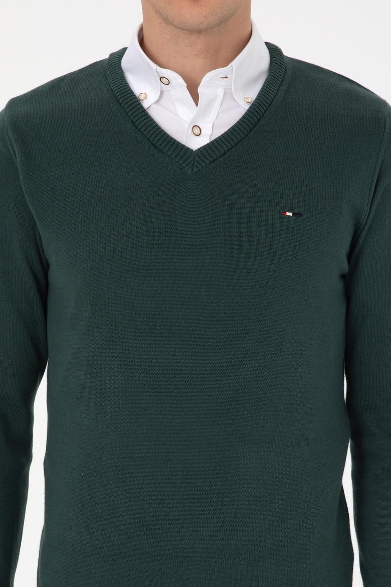 Erkek Slim Fit V Yaka Koyu Yeşil Basic Kazak - 50313668048