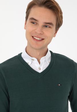 Erkek Slim Fit V Yaka Koyu Yeşil Basic Kazak - 50313668048