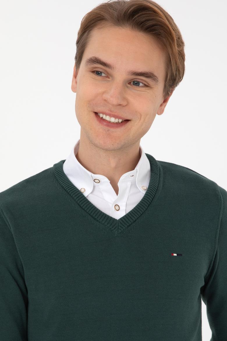 Erkek Slim Fit V Yaka Koyu Yeşil Basic Kazak - 50313668048