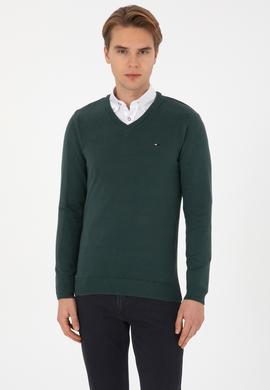 Erkek Slim Fit V Yaka Koyu Yeşil Basic Kazak - 50313668048