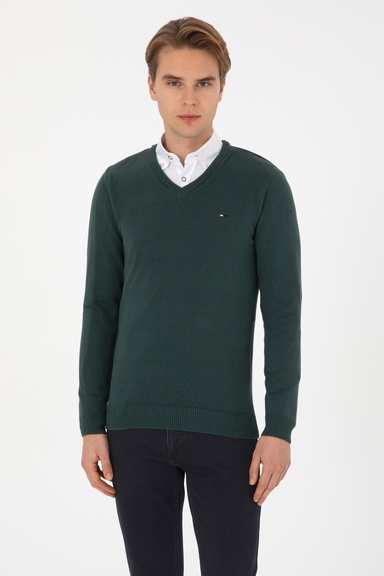 Erkek Slim Fit V Yaka Koyu Yeşil Basic Kazak