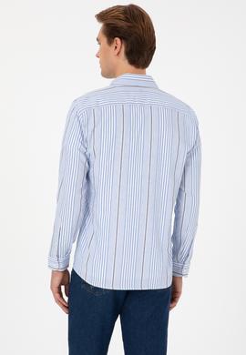 Erkek  Beyaz Çizgili Uzun Kollu Açık Mavi Gömlek - 50316573007