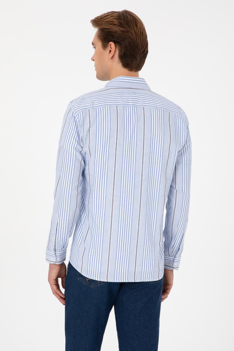 Erkek  Beyaz Çizgili Uzun Kollu Açık Mavi Gömlek - 50316573007
