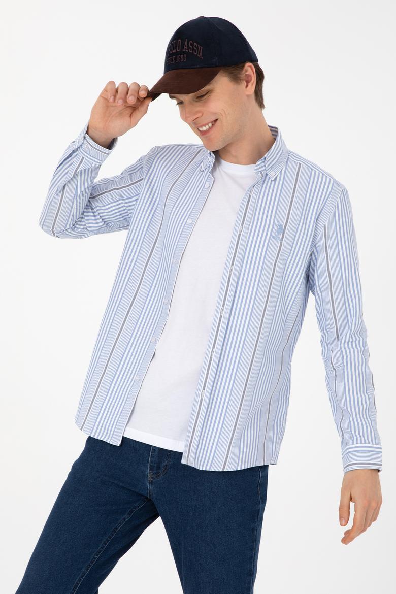 Erkek  Beyaz Çizgili Uzun Kollu Açık Mavi Gömlek - 50316573007