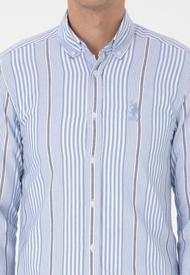 Erkek  Beyaz Çizgili Uzun Kollu Açık Mavi Gömlek - 50316573007