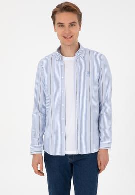 Erkek  Beyaz Çizgili Uzun Kollu Açık Mavi Gömlek - 50316573007