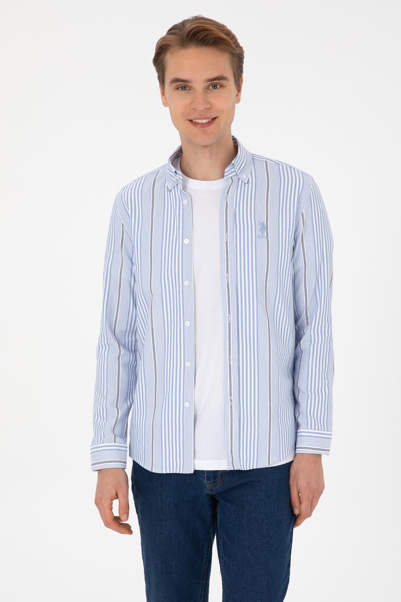 Erkek  Beyaz Çizgili Uzun Kollu Açık Mavi Gömlek