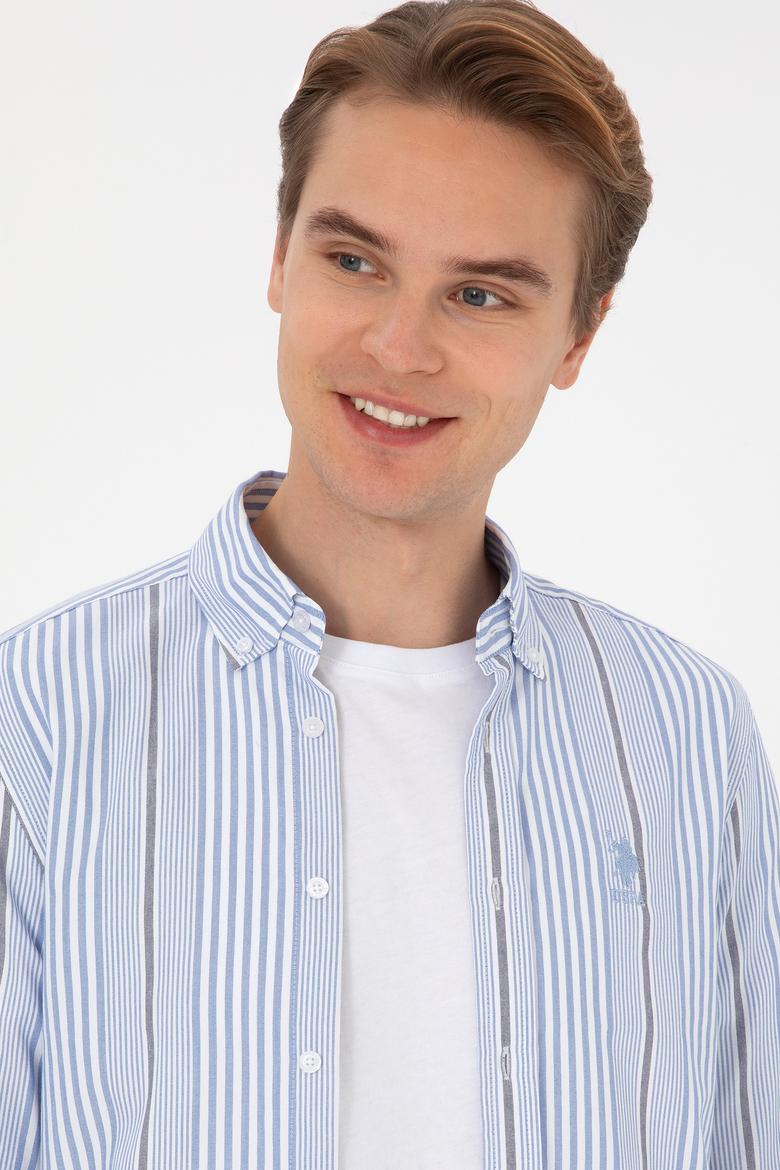 Erkek  Beyaz Çizgili Uzun Kollu Açık Mavi Gömlek - 50316573007