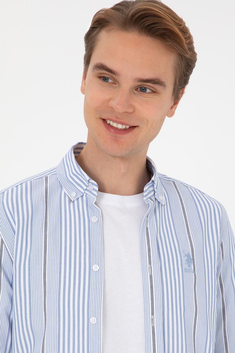 Erkek  Beyaz Çizgili Uzun Kollu Açık Mavi Gömlek