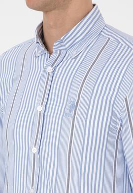 Erkek  Beyaz Çizgili Uzun Kollu Açık Mavi Gömlek - 50316573007
