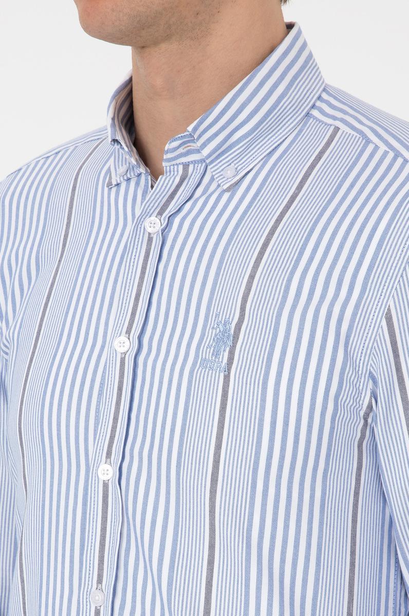 Erkek  Beyaz Çizgili Uzun Kollu Açık Mavi Gömlek