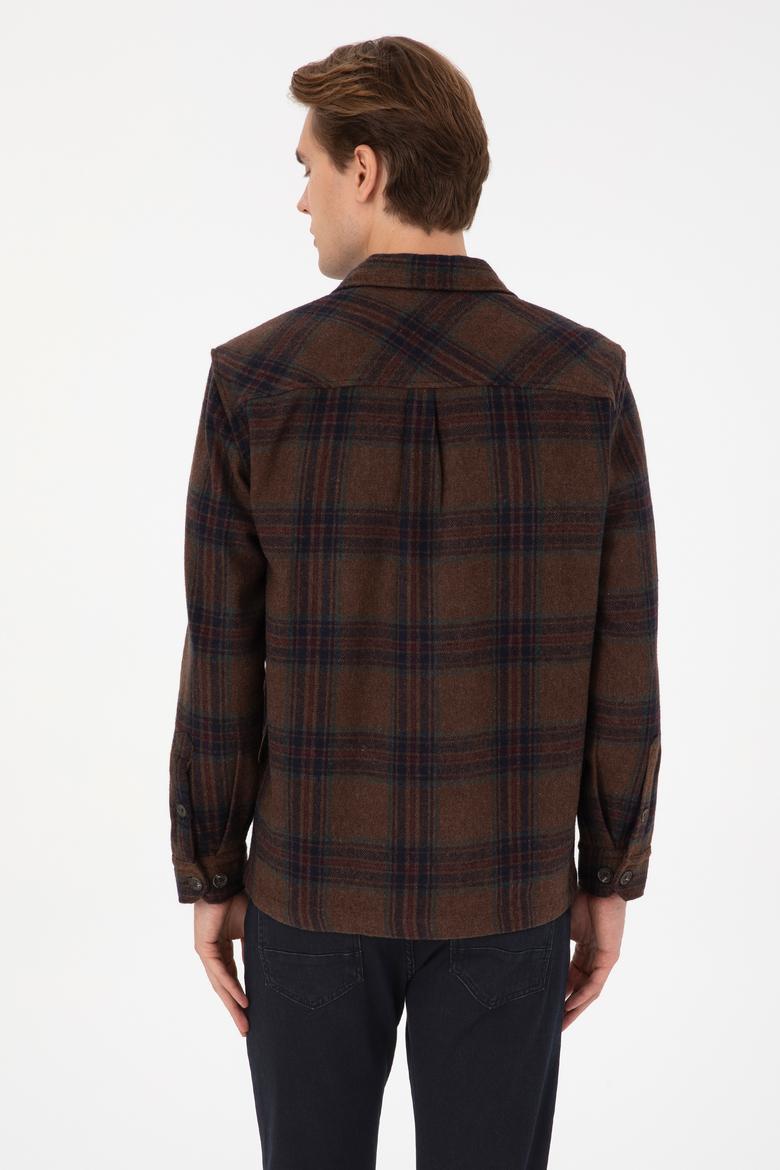 Erkek Kahverengi Uzun Kollu Cepli Ekoseli Gömlek - 50316599024