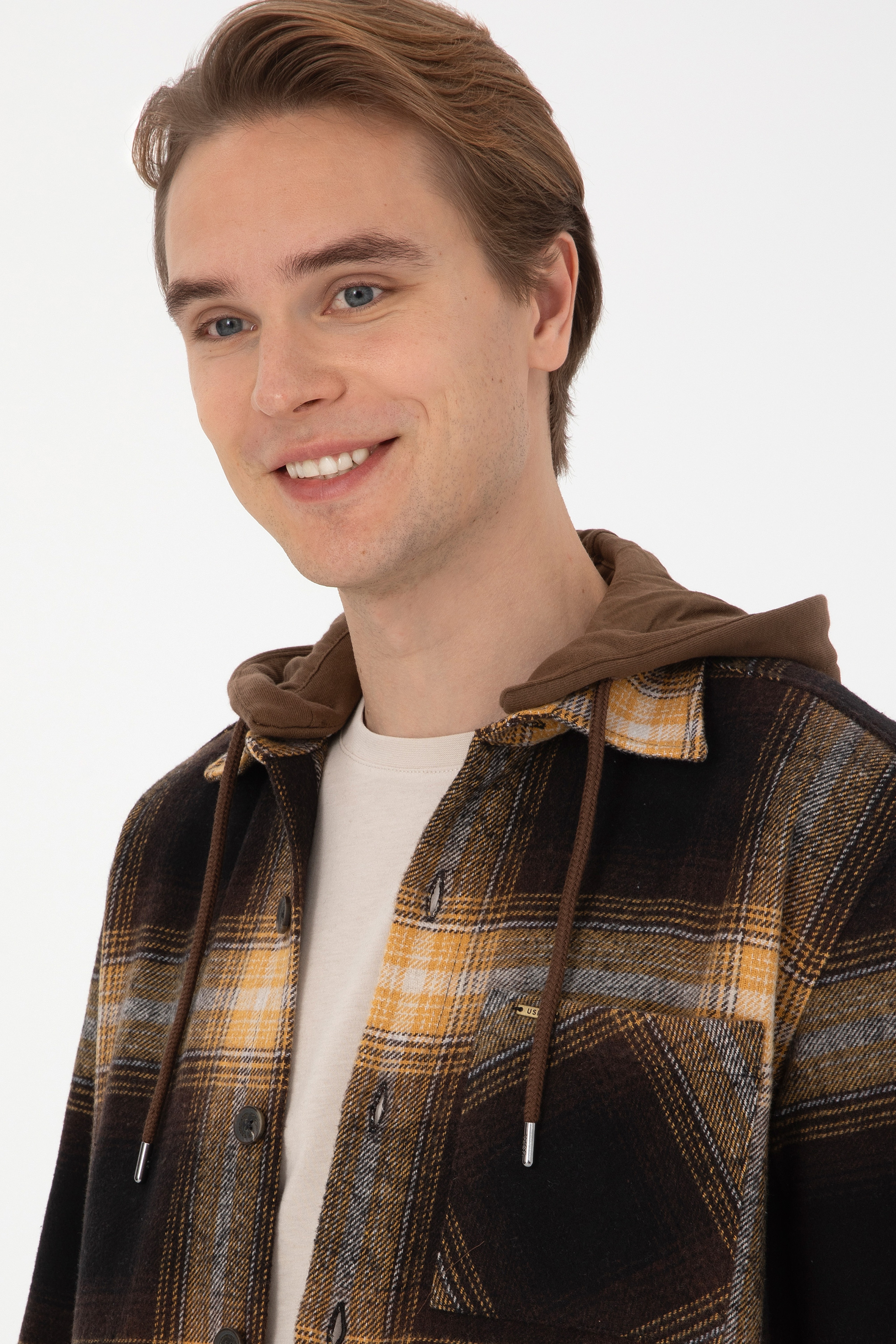 Erkek Kahverengi Ekoseli Kapüşonlu Gömlek