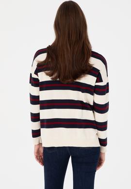 Kadın Krem Çizgili Polo Yaka Kazak - 50314790005