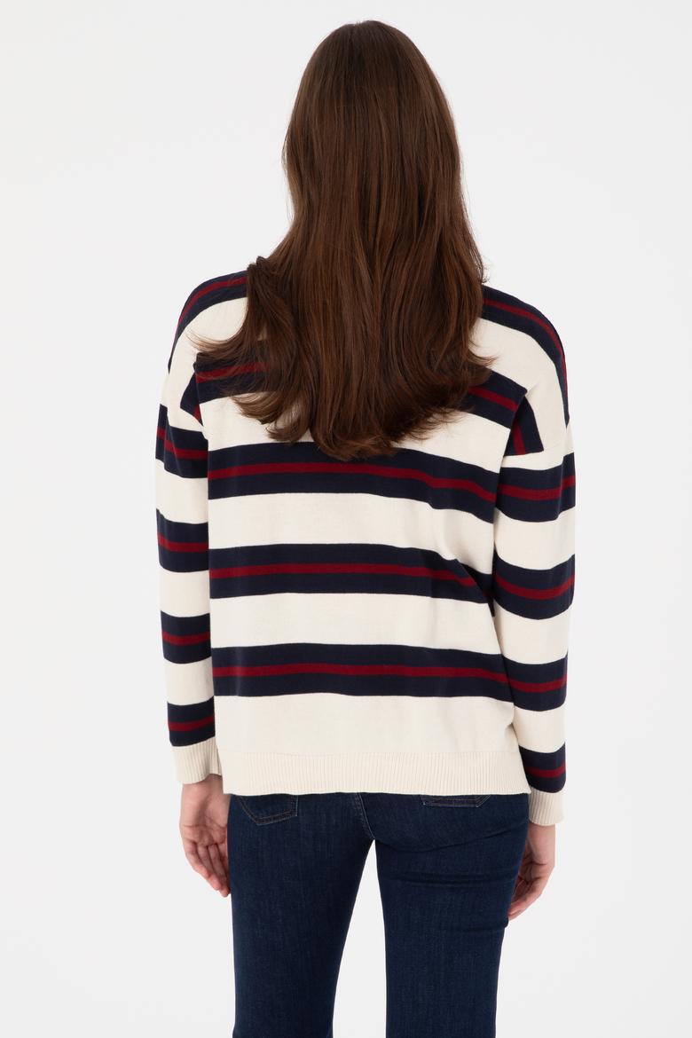 Kadın Krem Çizgili Polo Yaka Kazak - 50314790005