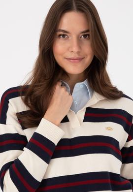 Kadın Krem Çizgili Polo Yaka Kazak - 50314790005