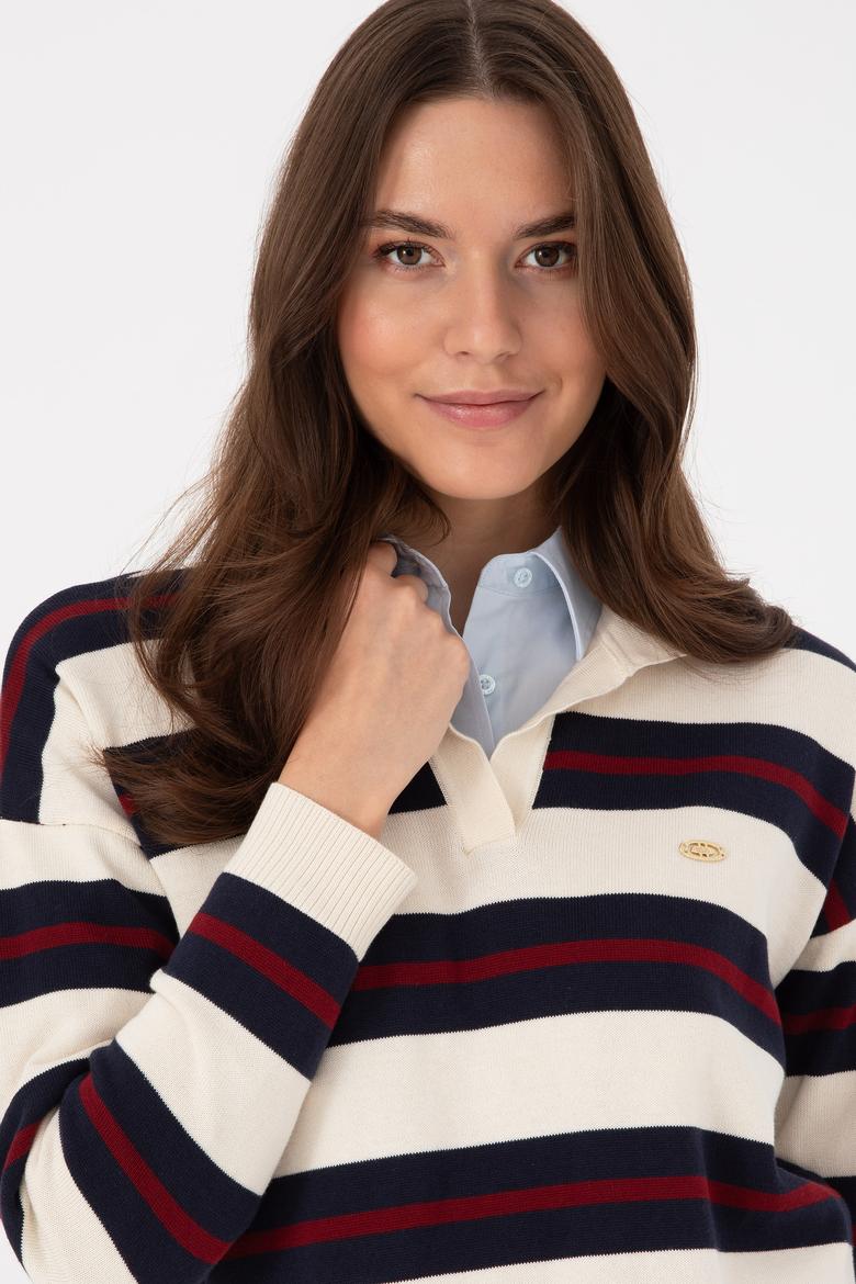 Kadın Krem Çizgili Polo Yaka Kazak - 50314790005