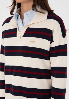 Kadın Krem Çizgili Polo Yaka Kazak - 50314790005