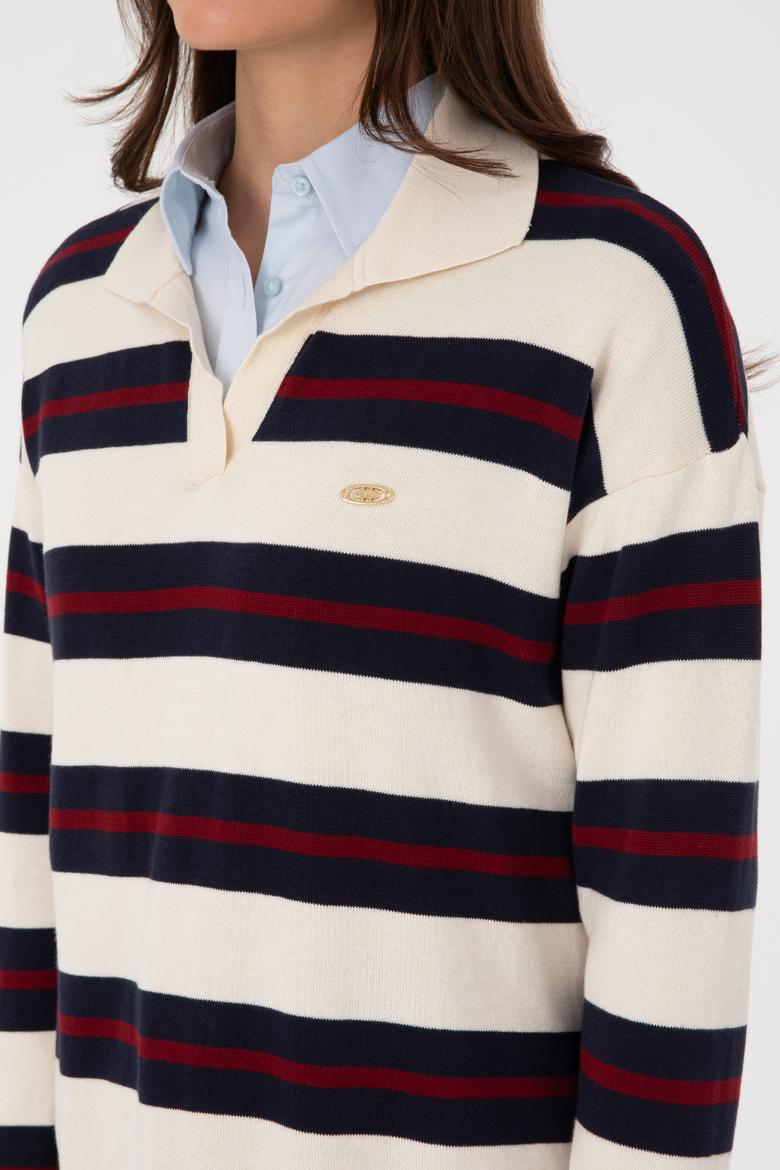 Kadın Krem Çizgili Polo Yaka Kazak - 50314790005