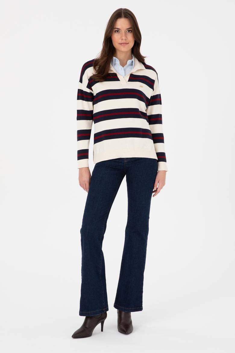Kadın Krem Çizgili Polo Yaka Kazak - 50314790005