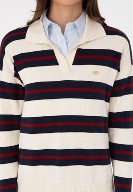 Kadın Krem Çizgili Polo Yaka Kazak - 50314790005