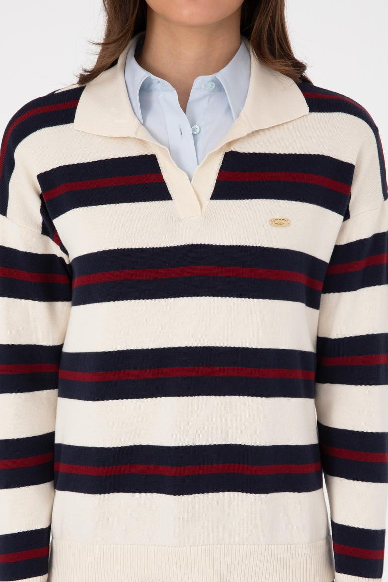 Kadın Krem Çizgili Polo Yaka Kazak - 50314790005