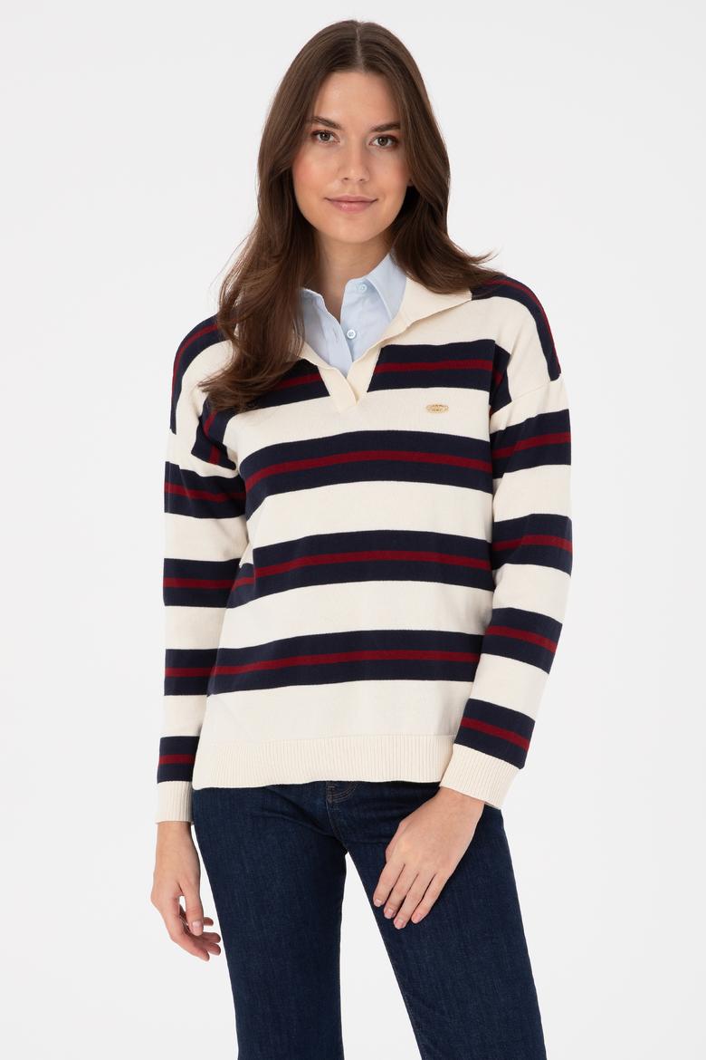 Kadın Krem Çizgili Polo Yaka Kazak