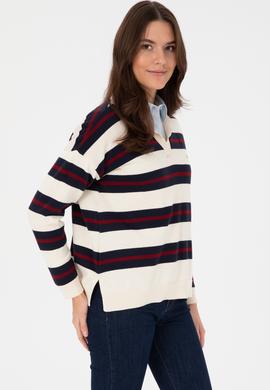 Kadın Krem Çizgili Polo Yaka Kazak - 50314790005
