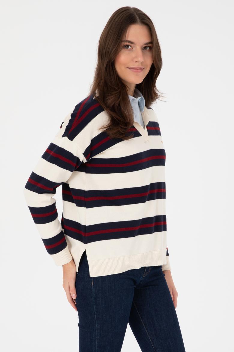 Kadın Krem Çizgili Polo Yaka Kazak - 50314790005