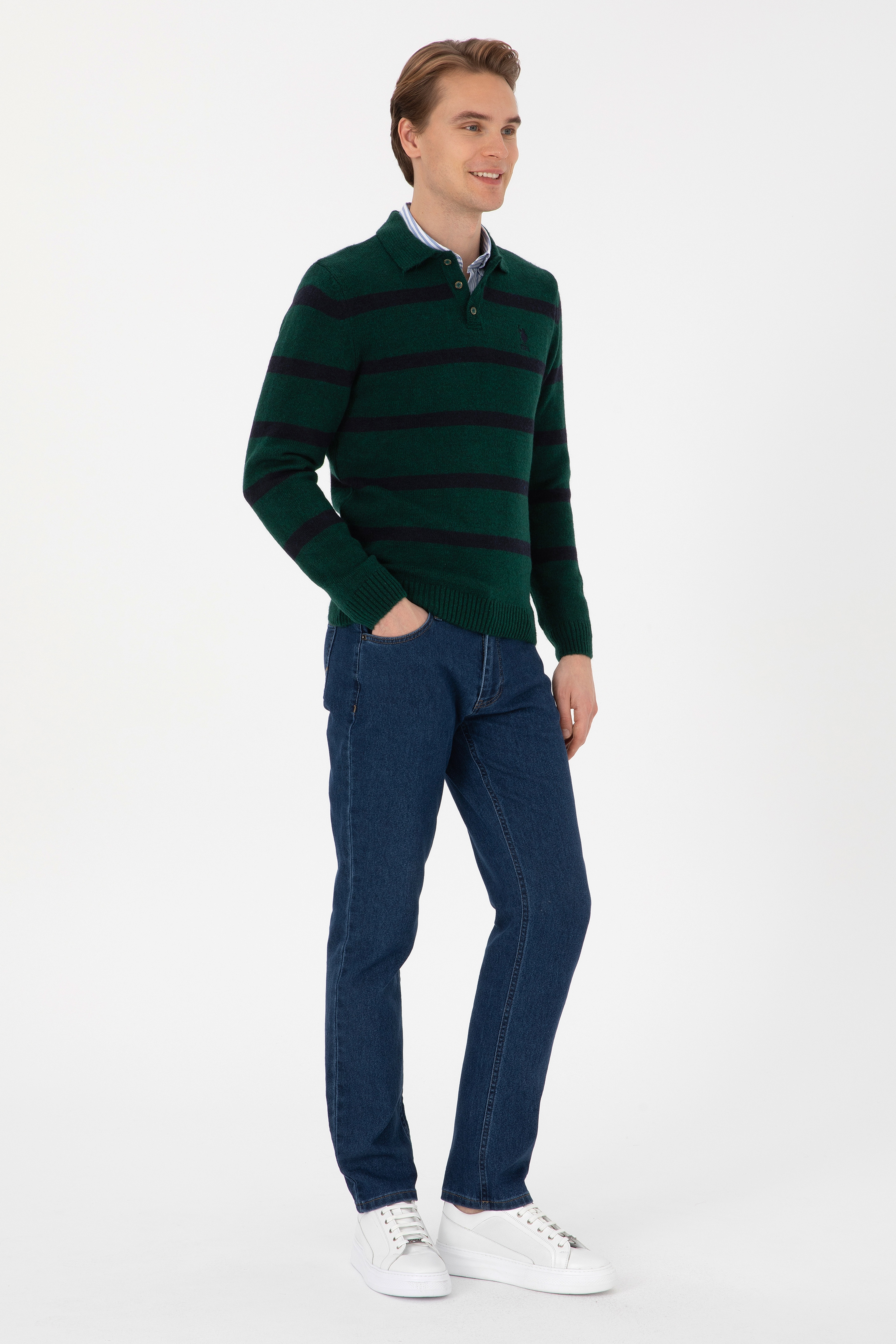 Erkek Regular Fit Polo Yaka Koyu Yeşil Kazak