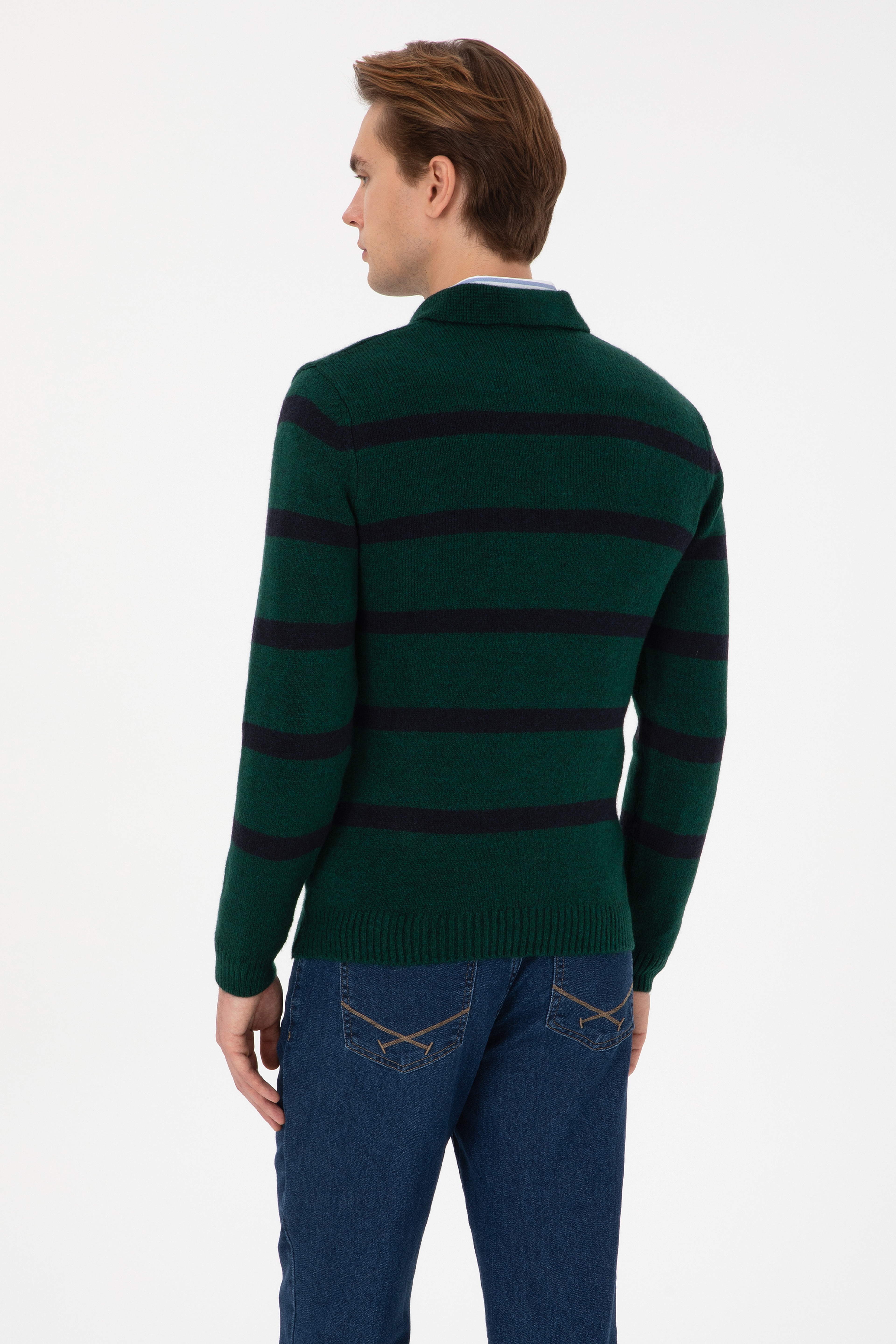 Erkek Regular Fit Polo Yaka Koyu Yeşil Kazak