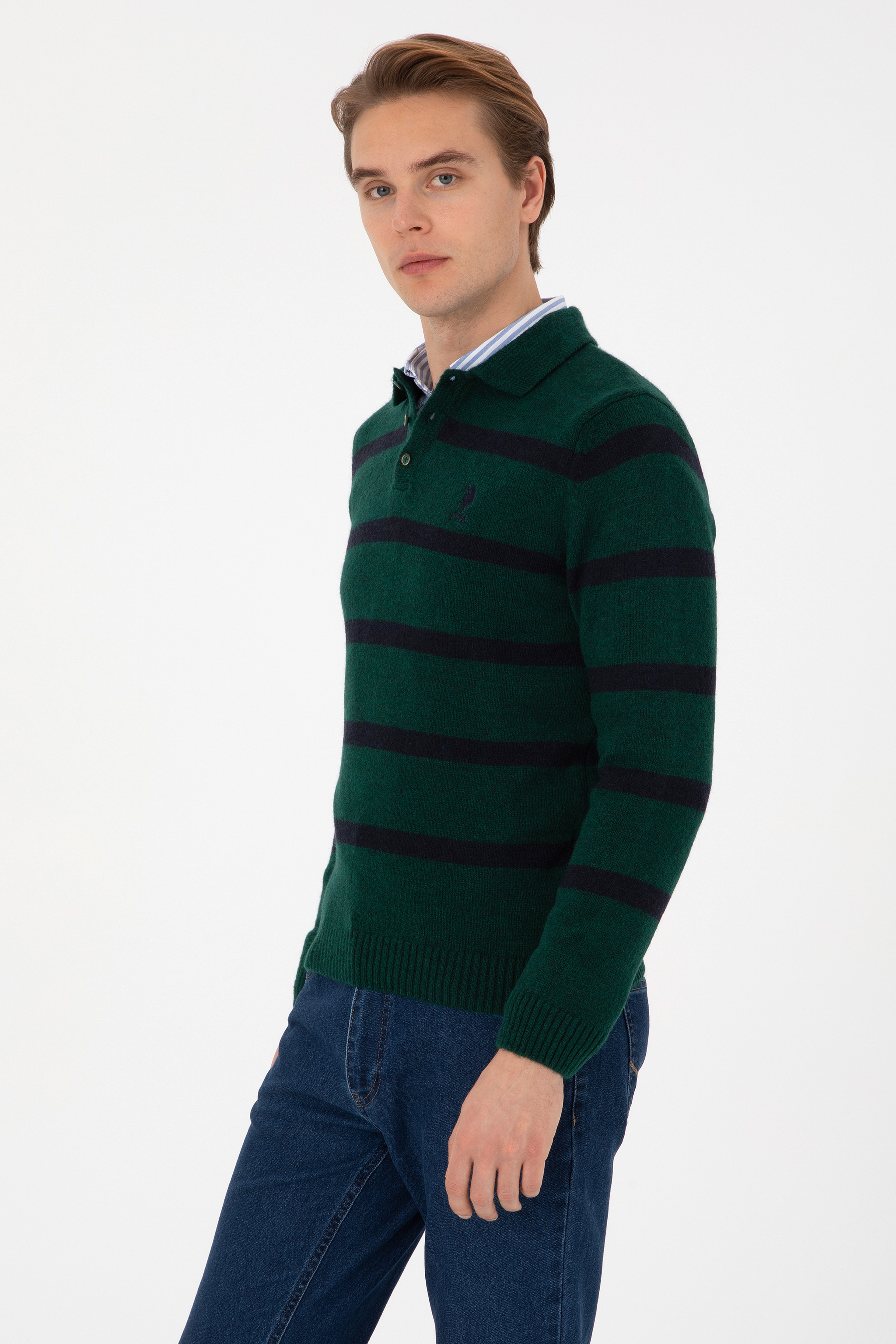 Erkek Regular Fit Polo Yaka Koyu Yeşil Kazak