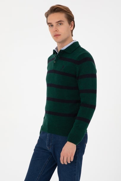 Erkek Regular Fit Polo Yaka Koyu Yeşil Kazak