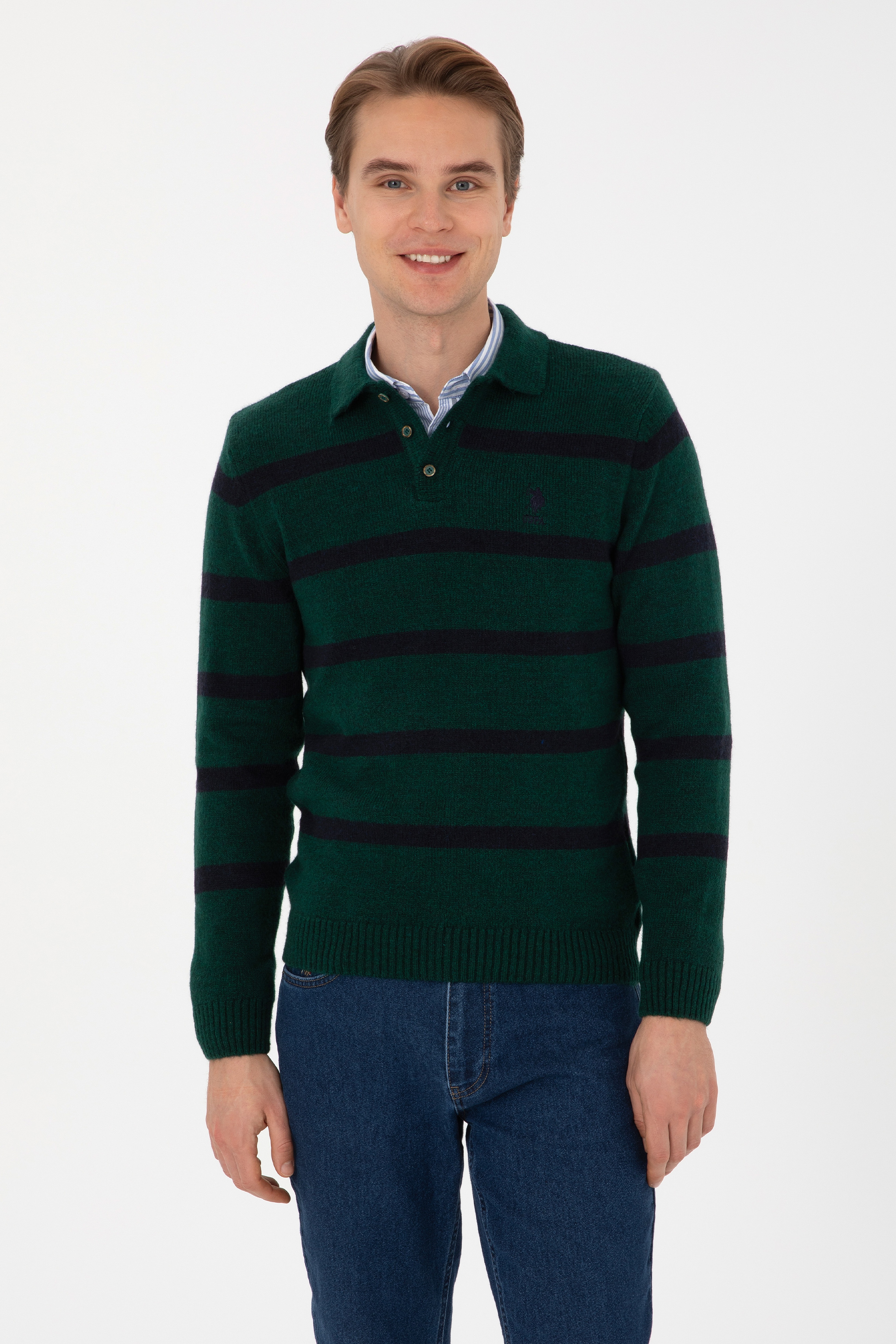 Erkek Regular Fit Polo Yaka Koyu Yeşil Kazak - Image 1