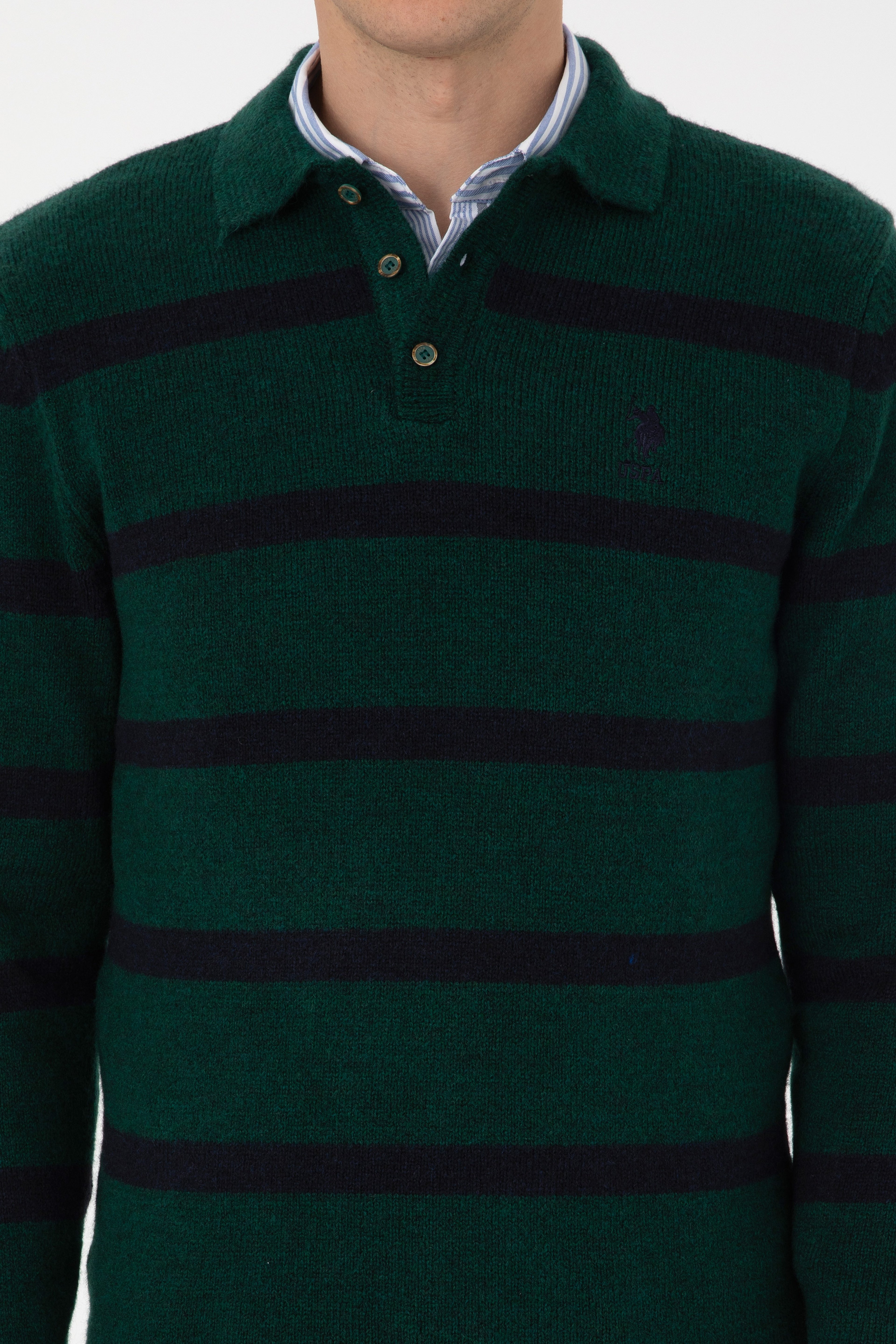 Erkek Regular Fit Polo Yaka Koyu Yeşil Kazak