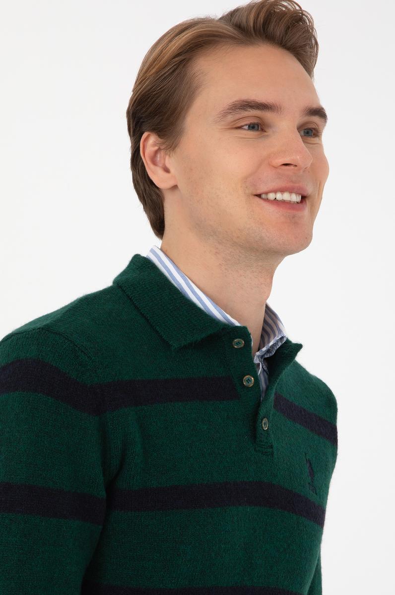 Erkek Regular Fit Polo Yaka Koyu Yeşil Kazak