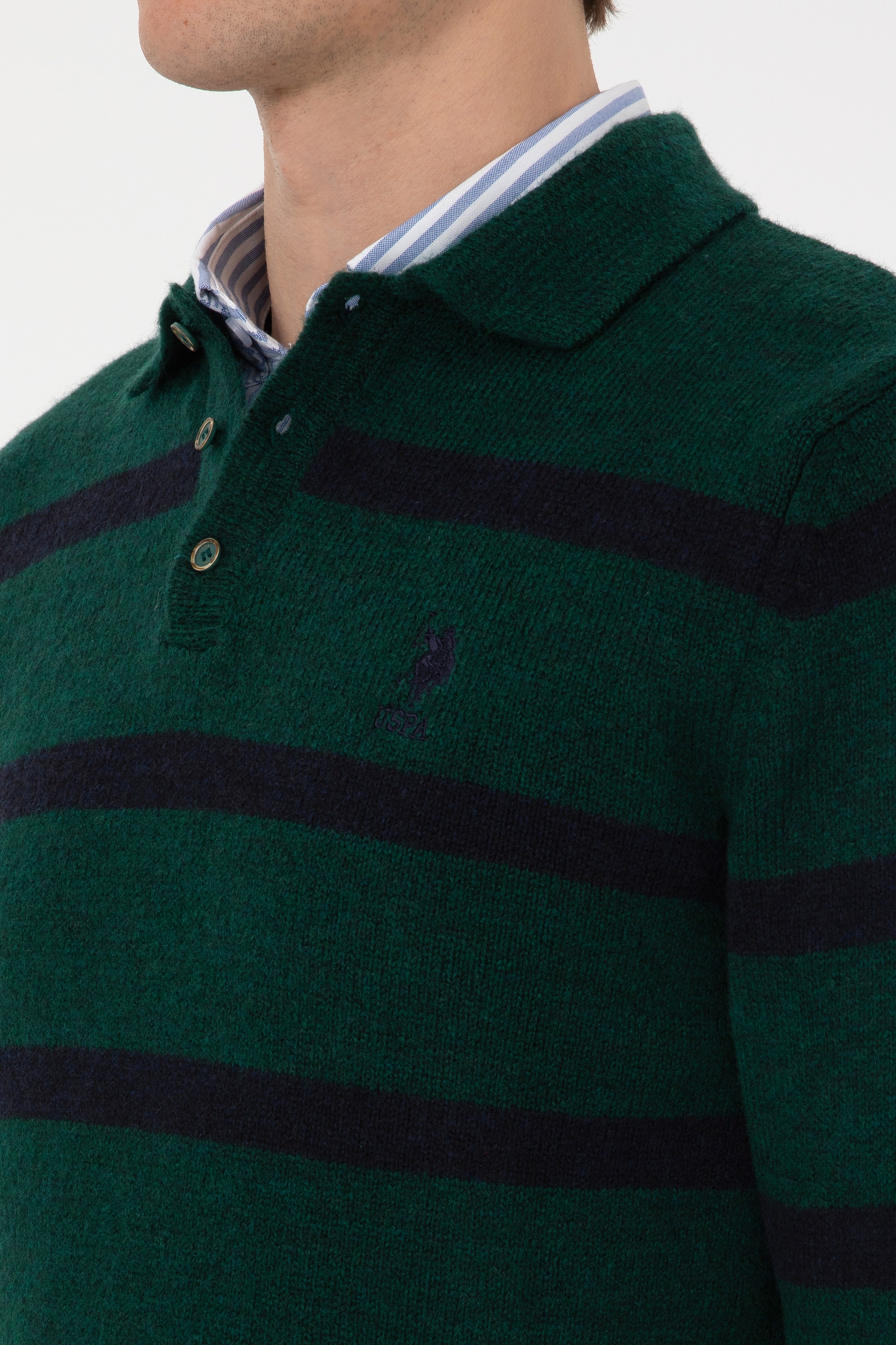 Erkek Regular Fit Polo Yaka Koyu Yeşil Kazak