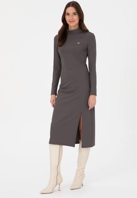 Kadın Antrasit Yırtmaçlı Dik Yaka Midi Boy Örme Elbise - 50297367028