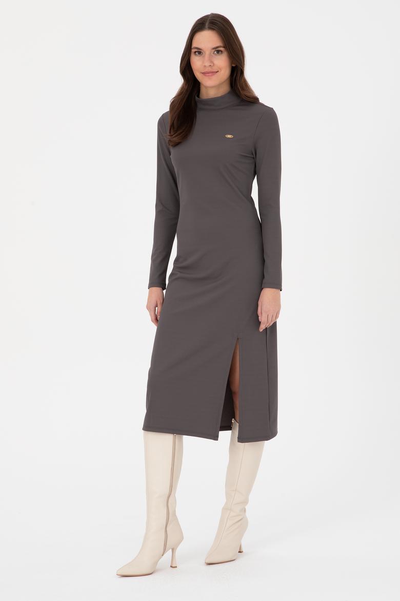 Kadın Antrasit Yırtmaçlı Dik Yaka Midi Boy Örme Elbise - 50297367028