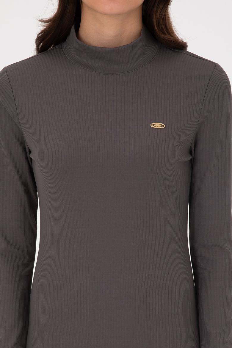 Kadın Antrasit Yırtmaçlı Dik Yaka Midi Boy Örme Elbise - 50297367028