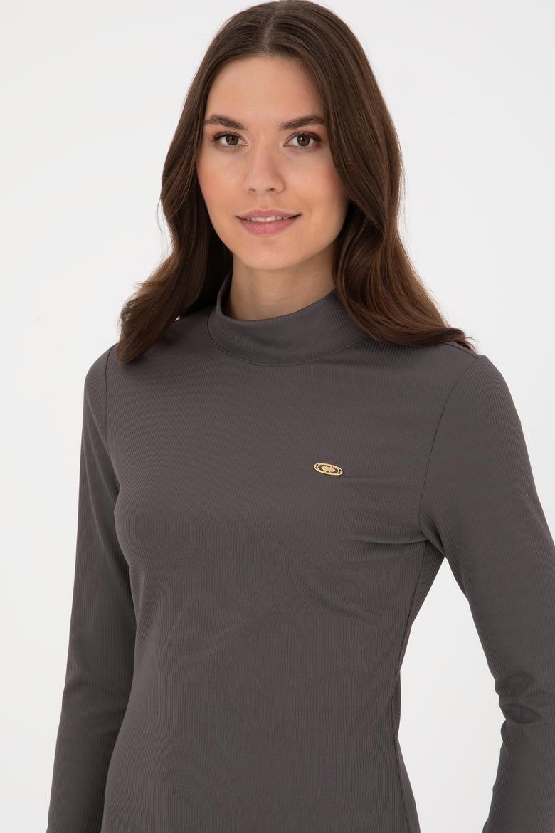 Kadın Antrasit Yırtmaçlı Dik Yaka Midi Boy Örme Elbise - 50297367028