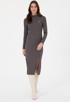 Kadın Antrasit Yırtmaçlı Dik Yaka Midi Boy Örme Elbise - 50297367028