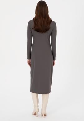 Kadın Antrasit Yırtmaçlı Dik Yaka Midi Boy Örme Elbise - 50297367028