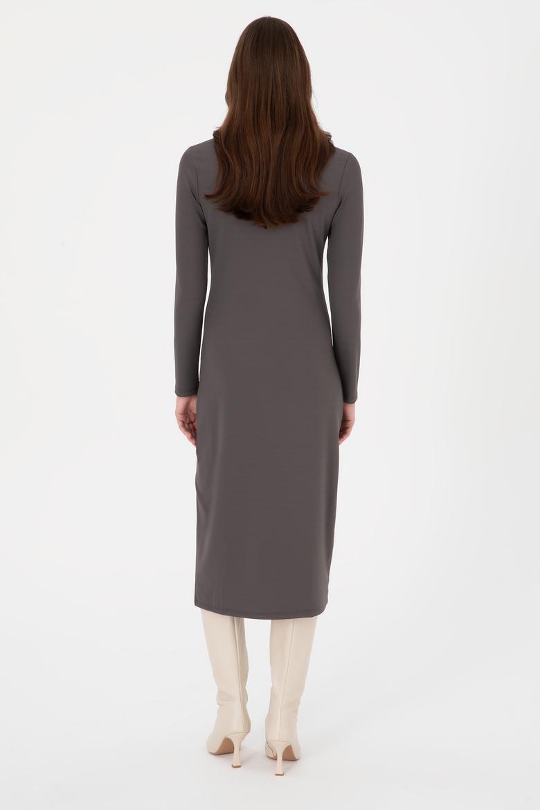 Kadın Antrasit Yırtmaçlı Dik Yaka Midi Boy Örme Elbise - 50297367028