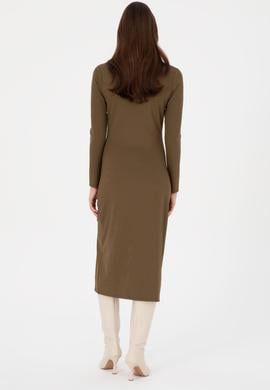 Kadın Haki Yırtmaçlı Dik Yaka Midi Boy Örme Elbise - 50297367004
