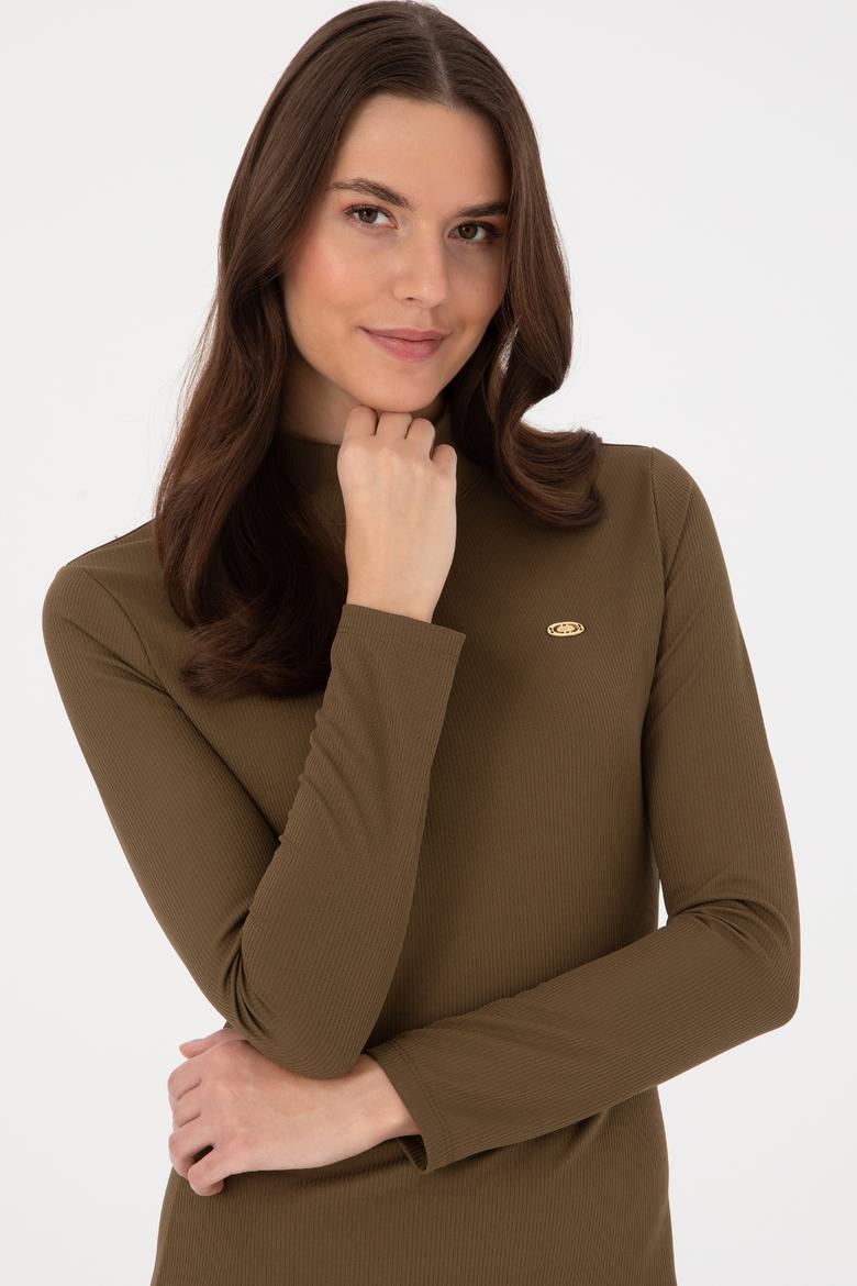 Kadın Haki Yırtmaçlı Dik Yaka Midi Boy Örme Elbise - 50297367004