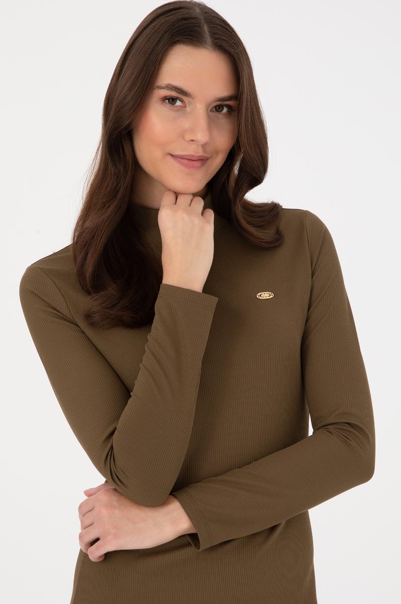 Kadın Haki Yırtmaçlı Dik Yaka Midi Boy Örme Elbise