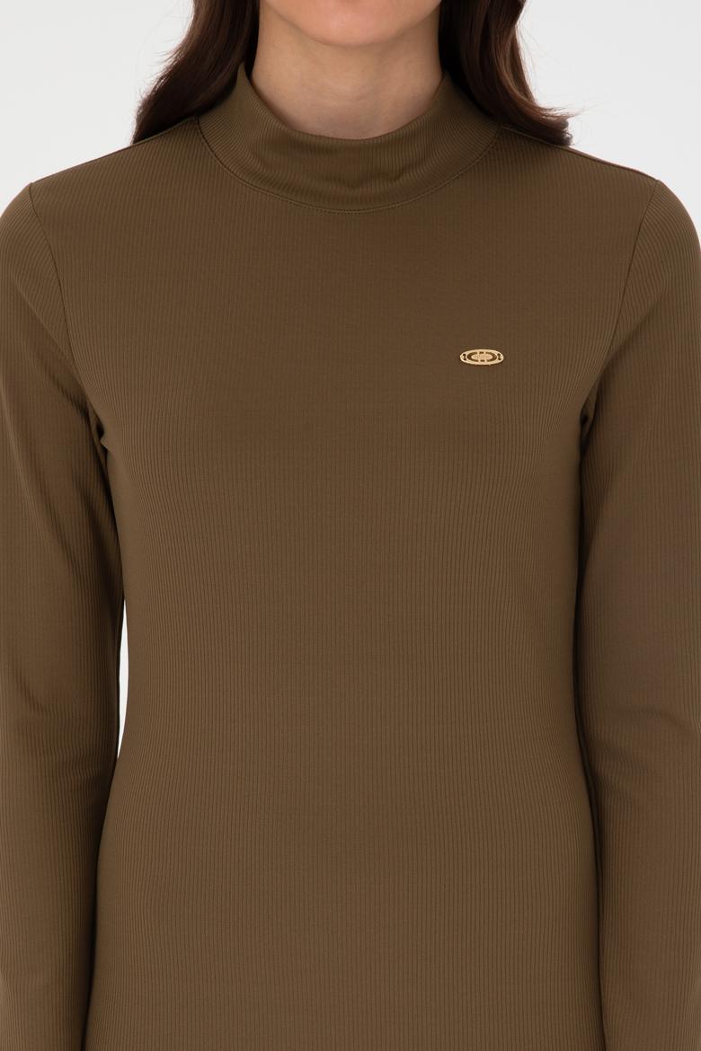 Kadın Haki Yırtmaçlı Dik Yaka Midi Boy Örme Elbise - 50297367004