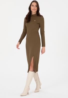 Kadın Haki Yırtmaçlı Dik Yaka Midi Boy Örme Elbise - 50297367004