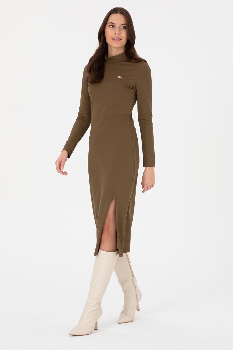 Kadın Haki Yırtmaçlı Dik Yaka Midi Boy Örme Elbise - 50297367004